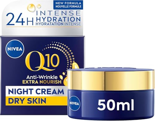 NIVEA Q10 Anti-Wrinkle nattvård, nattkräm för torr hud med koenzym Q10 och ekologisk arganolja, fuktgivande anti-rynk ansiktsvård, Q10 Power extra rik nattvård, (50 ml)