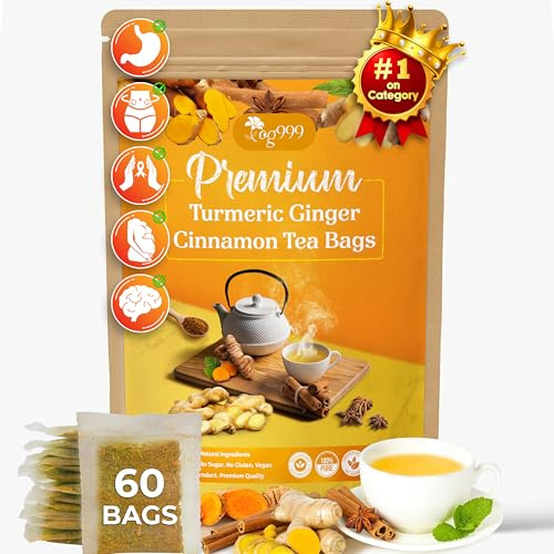 TOG999, 60 Bags Premium Turmeric Ginger Cinnamon Tea, Improve Digestion, Support Brain, Weight, Skin and Sleep, Eco-Conscious Tea Bags and Premium Natural Ingredients. Turmeric Ginger Herbal Tea. No Sugar, No Caffeine, No Gluten, Vegan.