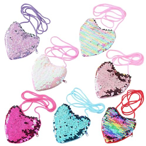 JTMKYO 7-Piece Sequined Children's Wallet: Heart-Shaped, Diagonal Strap, Girl's Birthday Gift