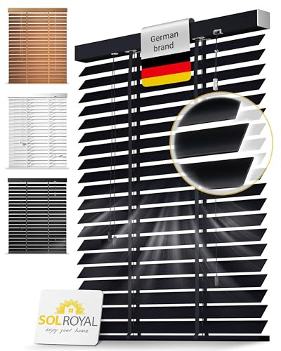 Sol Royal Holzjalousie 50 mm Lamellen extra breit – Fensterjalousie 105x180 cm Holzrollo einfache Montage Wand & Decke – Blickschutz Jalousie Fenster & Tür Massivholz Echtholz Rollo in Schwarz – BE5