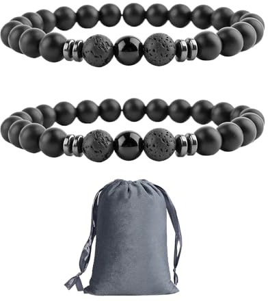 DAZZLUXE Bracelet de Perles Noires en Agate Lave pour Homme - Lot de 2 avec Sac de Rangement - 8 mm Pierre