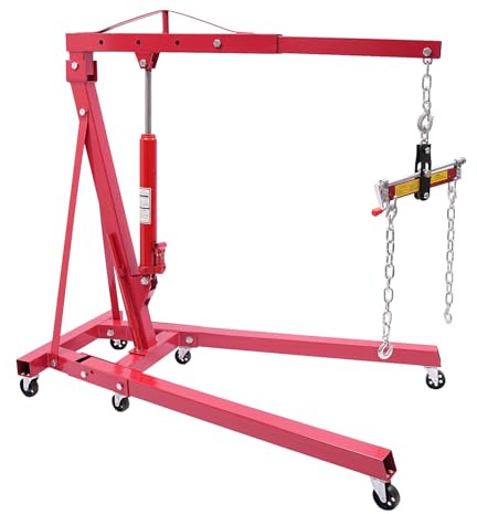 TENNIEX Paranco motore da 2 tonnellate con livellatore, pieghevole Cherry Picker Shop idraulico sollevatore gru con ruote, rosso 4000 libbre (paranco motore e livellatore)