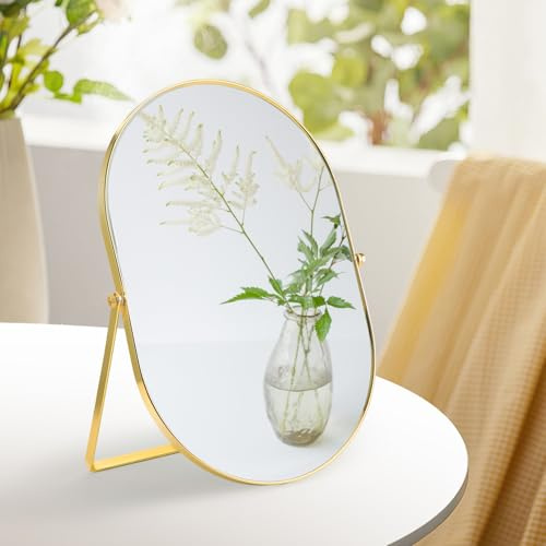 Clickinline Gold Vanity Mirror, Metal Frame Desk Makeup Mirrors, Oval Dressing Table Mirrors Free Standing, Tabletop Mirror High-Definition for Living Room, Bedroom, Bathroom