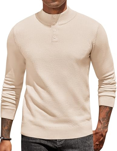 COOFANDY Pull col Haut Homme Manches Longues Texturé Côtelé Maille Fine Basique Pull Beige L