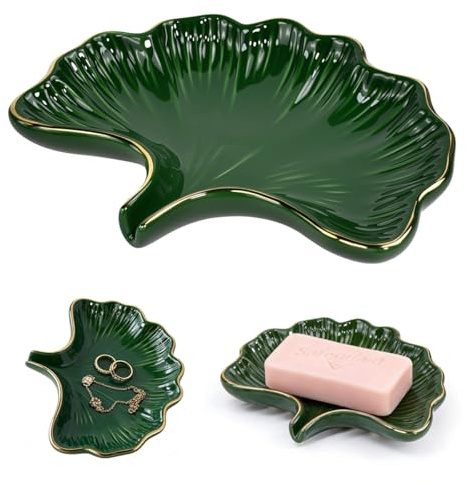 FuxFuis Portasapone Ceramica a Forma di Foglia di Ginkgo, Vassoio Moderno Design, Piatto Decorativo Verd, Portasapone Lavandino, Porta Saponetta Bagno, Vassoio per Gioielli, Orecchini, Collane, Chiavi