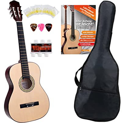 Classic Cantabile Acoustic Series AS-851-L Klassikgitarre 3/4 für Linkshänder Starter-SET (Konzertgitarre, Bag/Tasche, Schule, CD, DVD, Plektren, Saiten, Stimmpfeife) natur
