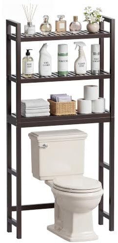 SMIBUY Bathroom Storage Shelf, Bamboo Over-The-Toilet Organizer Rack, Freestanding Toilet Space Saver with 3-Tier Adjustable Shelves (Dark Brown)