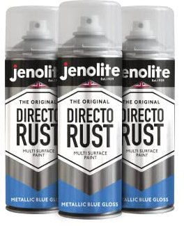 JENOLITE Directorust Metallic Gloss Spray Paint | BLUE | 3x400ml | Multi-Surface Blue Spray Paint for Metal, Wood, Plastic | All-In-OnePrimer, Undercoat and Topcoat | Interior & Exterior