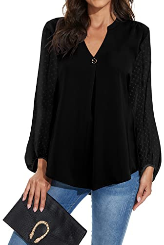 Magritta Ladies Tunic Tops Women Plus Size Long Sleeve Shirts V Neck Plain Blouses Chiffon Large Vintage Tunic Tops for Leggings Black XX-Large / 22-24