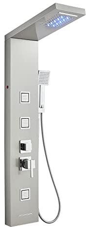 MENATT Shower Panel Tower System with LED Lights, 5 In 1 Shower Panel with Rainfall and Waterfall Shower Head, 3 pcs Massage Spray, Handheld Shower, Waterfall Tub Spout
