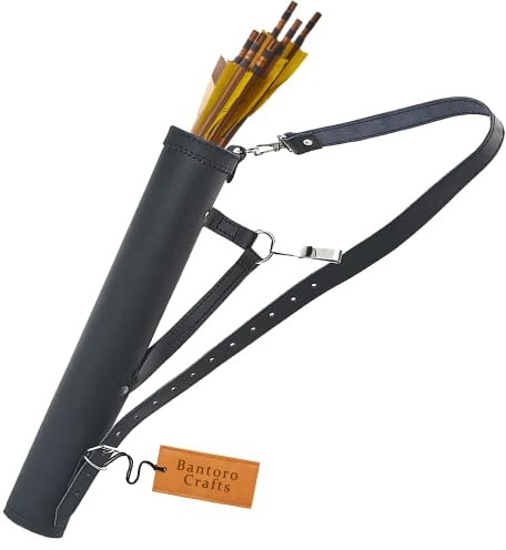 Bantoro Crafts Leather Archery Quiver – Traditional Waist & Hip Sling Bag with Adjustable Shoulder Strap for Shooting & Hunting (Black)