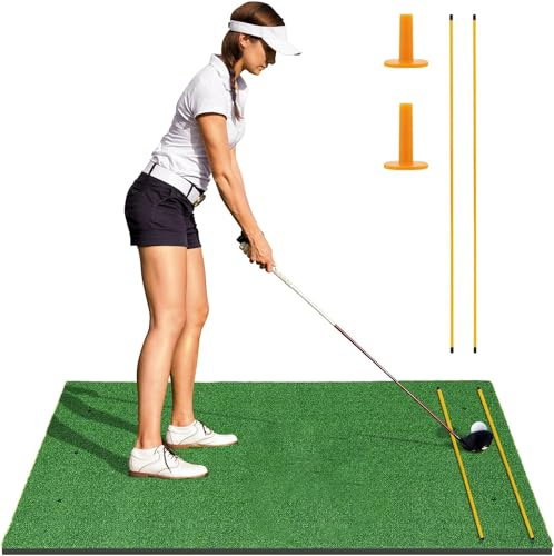 GOPLUS Tapis de Frappe Golf 152x117cm, Tapis d'Entraînement en Gazon Artificiel,2 Bâtons d'Alignement et 2 Tees de Golf pour Amateurs et Débutants