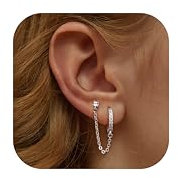 Adramata Chain Earrings for Women - 925 Sterling Silver Double Piercing Stud Hoop Earrings 14K Gold Huggie Earrings for Multiple Piercing CZ Drop Cartilage Helix Earrings for Teen Girls,S1