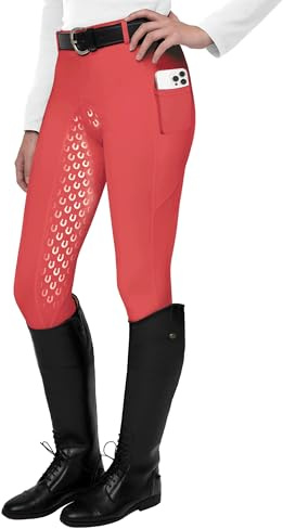 FitsT4 Leggings da Equitazione da Donna, in Silicone, con Tasca per Cellulare e Passanti per Cintura