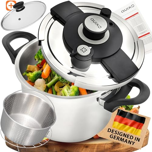 QUIXO Schnellkochtopf 6L VitaSmart mit Garkorb + Glasdeckel + Kochzeitsignal für alle Herdarten [NEU mit Füllmengenmarkierung] Dampfkochtopf mit 2 Garstufen