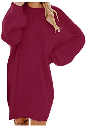 Lggwunsi Ensemble Jupe Et Haut en Laine Hiver - Chic et Elegant Robe Manche Longue Hiver Femme Grande Taille Robes Longues Femmes Chaude Tricot Dress Oversize Vêtements Col Rond Couleur Unie,Rose,XL