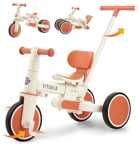 VITONIS bicicletta senza pedali da 1 anno, triciclo 5 in 1 con barra di spinta per bambini, girello per bambini da 1 a 3 anni Regali e giocattoli (beige)