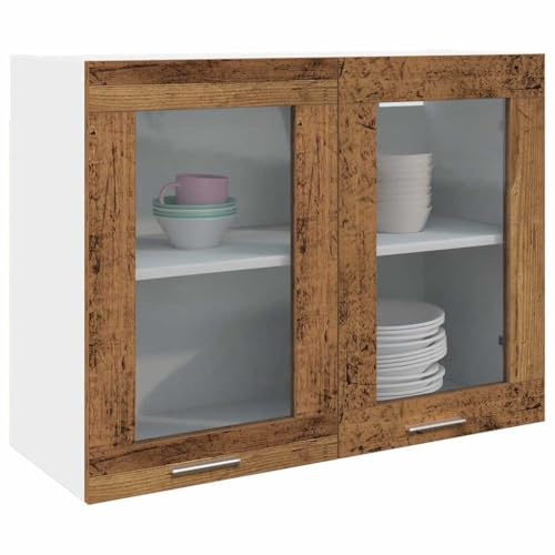 KTHLBRH Estantería Colgante de Vidrio para Cocina con Estructura de Madera de Ingeniería, Amplio Espacio de Almacenamiento para Tazones, Platos y Ollas, Diseño de Pared