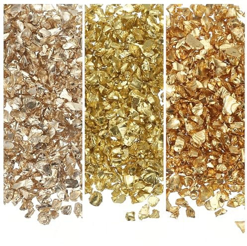 sourcing map 3 Colors Crushed Glass Chips, 1-3mm Irregular Glitter Metallic Glass Broken Glasses Pieces with Laser Bag for Craft DIY Vase Epoxy Halloween Decoration 31g, Gold Color Series