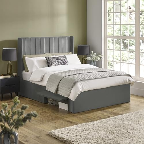 Julian Bowen Leila King Bed, Steel Grey Dual Storage Door Upholstered Kingsize Bed Frame 150cm/5ft, No Box Spring Needed - 127 x 158 x 213cm