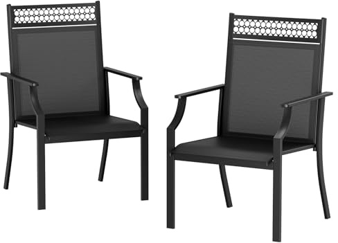 LIFERUN Trädgårdsstolar, set med 2 st, bredare sits, terrassstol med tesatin, tyg, andas, snabbtorkande, utomhusstolar, kan belastas upp till 120 kg, för trädgård, terrass, balkong, poolområde (svart)