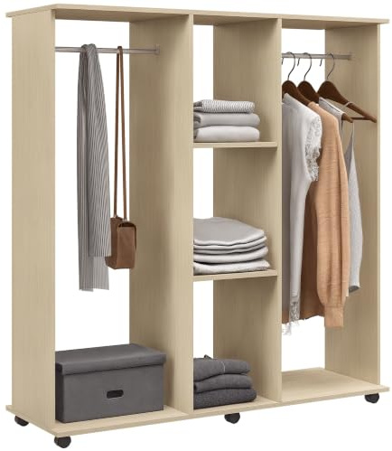 HOMCOM Double Open Wardrobe on Wheels, 3 Storage Shelves, Natural | Bedroom Wardrobe, Clothes Hanging Rails, Mobile Garment Rack, for Cloakroom, Hallway