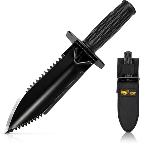 Xforst Grävkniv med extra vass blad - Hori Hori handspade och metalldetektor av manganstål med dubbla tänder med mätskala och bältesskal