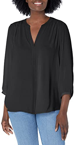 NYDJ Women's 3/4 Sleeve Pintuck Blouse, Black, Small
