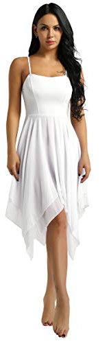 dPois Damen Tanzkleid Ballett Kleid Ärmellos aus Chiffon Swing mit Spaghettiträger Asymmetrische Tanzkostüme Latein Rumba Tango Kleid Ballsaal Dancewear Weiß S