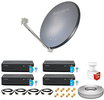 Kit de antena parabólica de acero, 85 cm, 38,2 DB Antracita, LNB Quad Full HD 4K Ultra HD + 4 decodificadores DSR 3031F FRANSAT + cable coaxial 100m + 4 cables HDMI + 8 conectores F