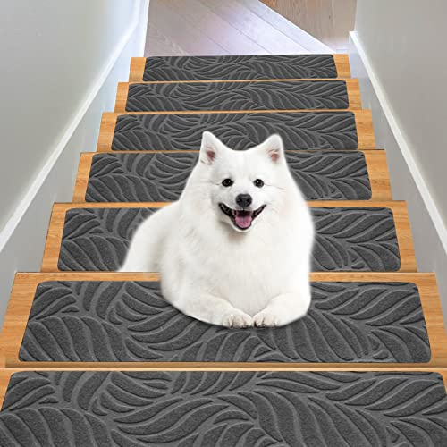 OXKVPVF Stair Treads for Wooden Steps - Non Slip Stairs Carpet Tape Peel and Stick with Double Adhesive Tape Set of 15 Leaf -Grey