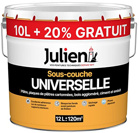 Julien Peinture Sous-Couche - Universelle - Murs et Plafonds, Plaques de Plâtre, Ciment, Béton, Enduits Lissés, Bois et Dérivés - Blanc Mat 10L + 20% Gratuit