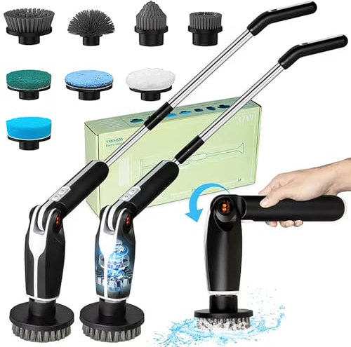 Likai Cepillo giratorio eléctrico, cepillo de ducha con mango largo y 8 cabezales de cepillo reemplazables, potente limpiador para baño, bañera, azulejos, lechada, suelo, cocina, coche, color negro