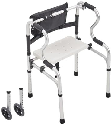 Warmiehomy Walking Frames with Wheels and Seat for Elderly Disabled Foldable Aluminum Alloy Upright Walking Aids Disability Aids for Walking 8 Gears Adjustable Height 74-92CM