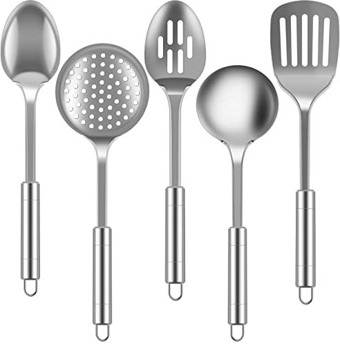 Stainless Steel Cooking Utensils Set, Nonstick and Heat Resistant Kitchen Utensil Set with Turner,Ladle,Serving Spoons,Leaky Spoon,Strainer (5)