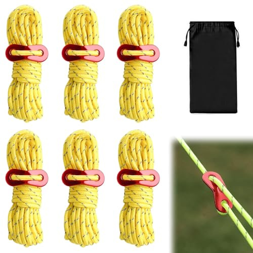 6 PCS Reflective Tent Guy Ropes, 4M Light-Weight Tent Guide Lines Cord with Aluminum Tensioners Adjuster, Guy Line Nylon Rope with Aluminum Adjuster, for Camping, Hiking, Awning, Backpacking