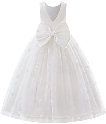EFOGEP Abito da sposa elegante con scollo a V e fiocco, in tulle, da principessa, per damigelle d'onore, compleanno, concorso, prima comunione, feste, balli, bianco, 5-6 Anni