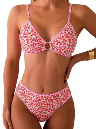 Tainehs Women Two Piece Bikini Sets O Ring Front Top Ditsy Floral Triangle Swimsuits Cheeky Bathing Suit