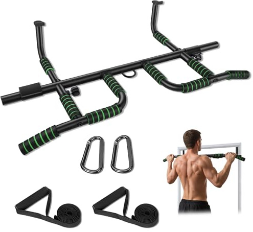 RDTOK Barre de Traction Porte sans Perçage, Pull Up Bar avec Multi-Prises, Idéale pour Maison & Home Gym Bar de Traction (10 Prises+Bandes Élastiques)