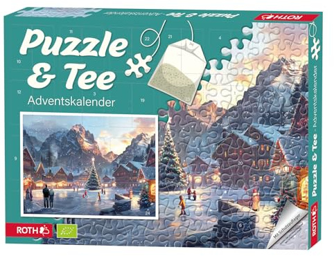 ROTH Puzzle & Bio-Tee Adventskalender „Eislaufen“, 24 Bio-Teebeutel & 1000-Teile Puzzle, Adventskalender für Tee- & Puzzlefans