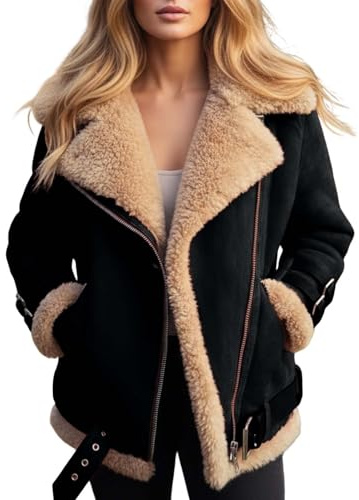 Chaqueta corta de piel de cordero sintética para mujer, con solapa y cremallera, abrigo de solapa de gamuza sintética, abrigo cálido de motociclista, abrigo de aviador S-3XL