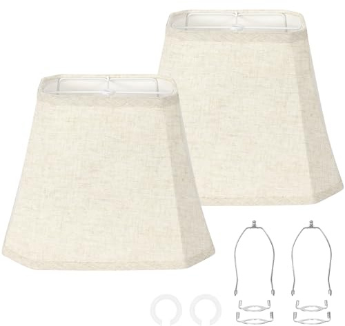 OUTON Square Cut Corner Lamp Shades Set of 2, 9 x 14 x 10.5 Beige Lampshades for Table Lamps Floor Lamps, Natural Linen Light Shade Replacement, Spider, Harp Holders Included, Easy to Assemble