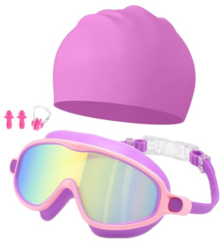 ZXTGBQ Lunettes De Natation Pour Enfants De 5 à 14 Ans, Anti-BuéE UV, Vision Large,Lunettes Piscine AntibuéE Aucune Fuite Anti-UV, Bouchons D'Oreille Avec Pince-Nez, Anti-Fuite Pour GarçOns Et Filles