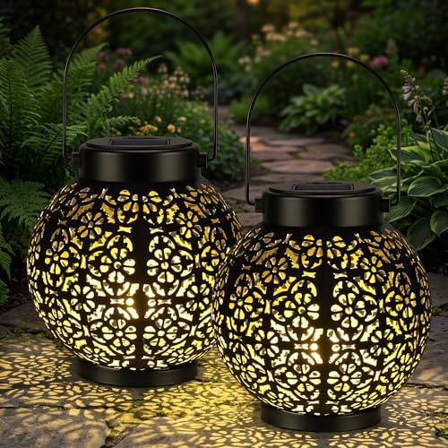 Lanterne Solaire Exterieur Floral, Suspendues Lanterne Solaire Exterieur Jardin, Ip44 Étanche Lot De 2, Lampe Solaire Exterieur Decorative Pour Balcon Patio Terrasse Pelouse [Classe Énergétique A+++]