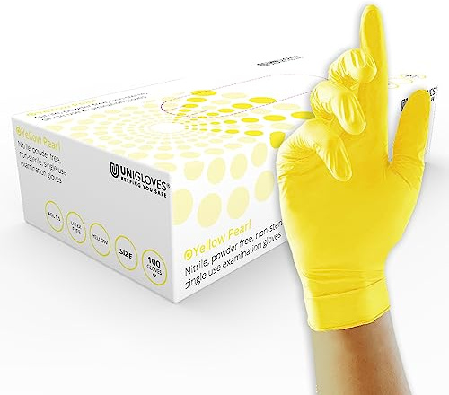 Unigloves Yellow Pearl Nitrile Examination Gloves | Multipurpose, Powder Free and Latex Free Disposable Gloves - Box of 100 Gloves, Yellow, Large (GP0114)