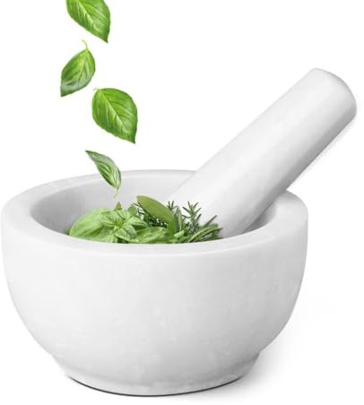 Flexzion - Juego de mortero y mortero de granito - Cuenco para moler piedra de mármol sólido de 5,5 pulgadas para aguacate hierbas, especias, ajo, cocina, cocina, medicamento blanco