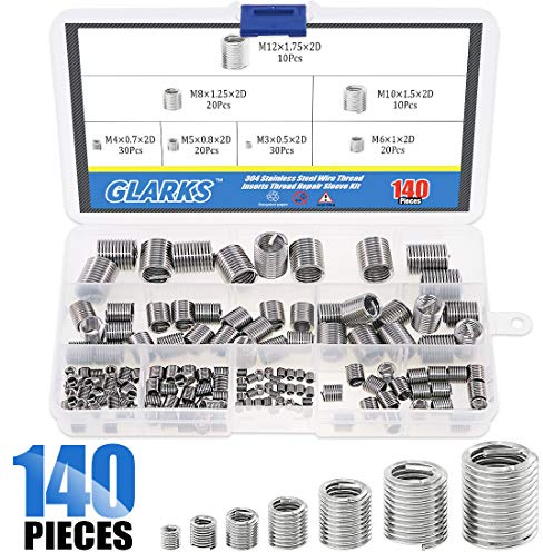 Glarks 140Pcs 304 Stainless Steel Metric M3 M4 M5 M6 M8 M10 M12 Wire Thread Inserts Steel Sheath Helical Type Coiled Wire Screw Repair Sleeve Assortment Kit