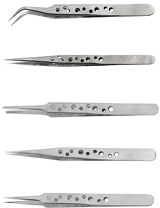 5 pinzas antiestáticas de acero inoxidable, 4 pinzas rectas y 1 pieza de pinzas curvas, pinzas con punta de precisión, utilizadas para reparación de joyas, reparación electrónica