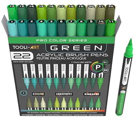 22 Flexible Brush Tip Acrylic Paint Pens Markers Set 1-7mm Line for Rock Painting, Brush Lettering, Glass, Mugs, Wood, Metal, Canvas, Fabric, Plastic. Non Toxic Waterbased Quick Drying Assorted Green