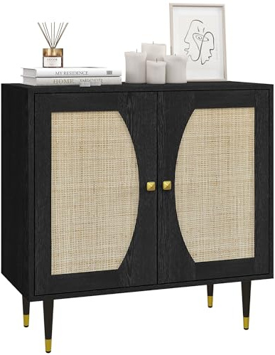 HOMCOM Buffet de Cuisine Meuble de Rangement Design bohème Double Portes avec 2 Niveaux, façade en cannage 80 x 38 x 79 cm Noir